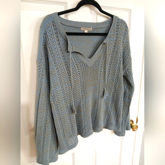 FRYE & CO Open Knit V Neck Sweater Size L Bell Sleeves Boho Western - Picture 1 of 6